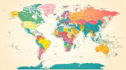  A colorful world map featuring distinct countries and regions, perfect for educational and illustrative purposes.