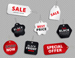 © Qeeraw - Template of red, white and black shopping tags for Black Friday. Mock up of discount paper labels, stickers with string for hanging and text - super SALE, special offer, best price, hot deal, shop now