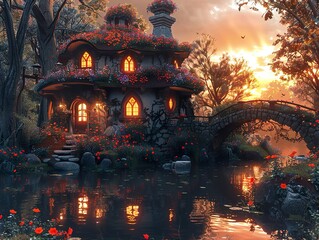 Canvas Print - Enchanted Cottage by the River at Sunset