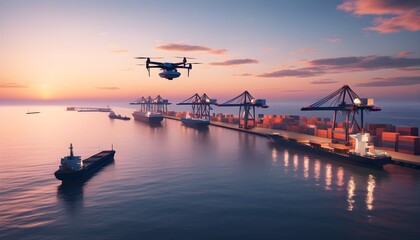 Sticker - Serene aerial view of a harbor at sunset with droning boats and a tranquil atmosphere