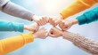 © Prompt2image - Group of diverse hands making a fist bump in solidarity during a bright day, symbolizing teamwork and unity among friends