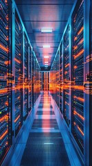 Poster - A futuristic data center hallway featuring glowing server racks and vibrant LED lights, symbolizing advanced technology and connectivity.