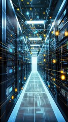 Poster - A futuristic data center corridor illuminated by glowing lights, showcasing advanced technology and digital connectivity.