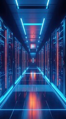 Poster - A futuristic server room with glowing blue and orange lights, showcasing advanced technology and a sleek design.