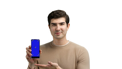 A man, close-up, on a white background, shows a phone