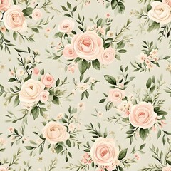 Wall Mural - Watercolor Floral Seamless Pattern with Blush Pink Roses and Green Leaves