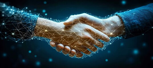 Poster - Handshake With Futuristic Digital Network, Symbolizing Technology Connection And Collaboration.
