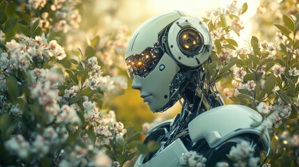 Poster - In a tranquil garden at sunset, a futuristic robot with a curious expression observes the beauty of blooming flowers, blending technology and nature harmoniously