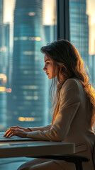 Canvas Print - Modern Businesswoman Elegantly Working in City Skyline Office  