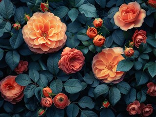 Canvas Print - Beautiful Orange Roses and Green Leaves - Floral Photography