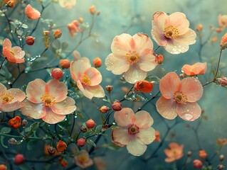 Canvas Print - Delicate Pink Flowers with Dew Drops - Nature Photography