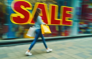 Aufkleber - A woman is walking with shopping bags in her hands, with a blurred motion blur on the street behind her. There is a large yellow and red 