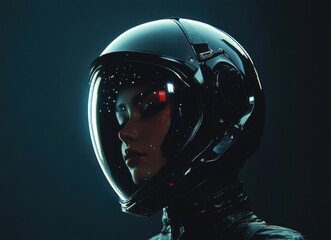 Poster - A portrait of an astronaut woman wearing a helmet, in a sci-fi style, with a dark background, high contrast, reflections in the visor, and hyper-realistic details