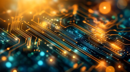 Poster - Futuristic Circuit Board, Electronic Technology Background with Glowing Lights and Data Flow
