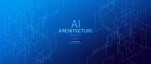 Architecture ai blue web banner. Innovation smart city technology background. Future urban architecture neon light buildings vector. Digital futuristic intelligence high tech town design banner.