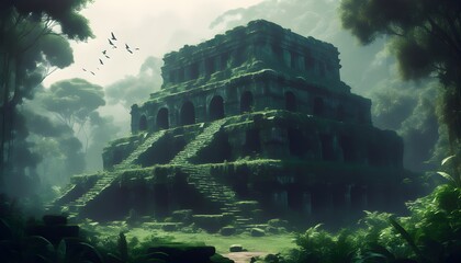 Wall Mural - Gloomy Ruins of a Roman Amphitheater Surrounded by Soaring Birds in an Atmosphere of Decay and Abandonment