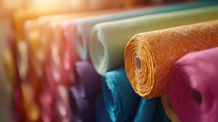 Poster - A selective focus showcases a colorful collection of fabric rolls neatly arranged, with sunlight enhancing their intricate patterns and textures vividly.