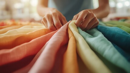 Poster - A person arranges a variety of vibrant, colorful fabrics under natural lighting, highlighting the texture and diversity in a harmonious atmosphere.