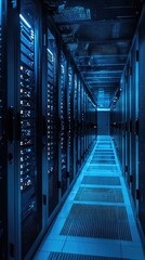 Poster - A sleek and modern data center corridor illuminated by blue lights, showcasing rows of server racks in a high-tech environment.