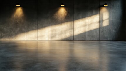 Poster - An expansive, empty industrial space features sunlight streaming through high windows, casting angular shadows, conveying solitude, modernity, and vastness.