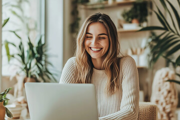 Wall Mural - Self-Employed Woman Enjoying Work from Stylish Minimalist Home Office