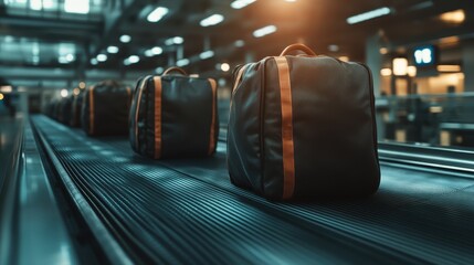 A series of bags proceeds along a conveyor belt in an airport terminal, showcasing the organized processes of modern travel and transportation systems worldwide.