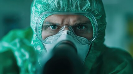 Poster - a focused scientist in a green suit conducts research analysis, portraying the essence of scientific