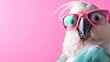 © Larisa AI - Image of an assertive parrot donning glasses, resting against a smooth pink background. The parrot's demeanor suggests confidence and individuality.