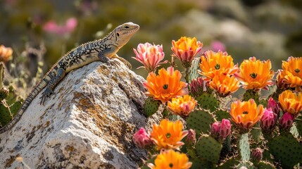 Canvas Print - Desert Lizard Among Blooming Cactus Flowers