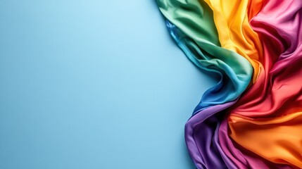 Poster - A colorful, flowing rainbow fabric rests elegantly against a serene light blue background, creating a vibrant and harmonious visual impact with soft textures.