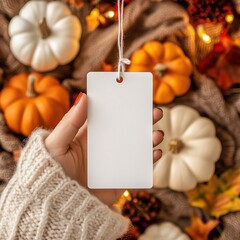 Female hand holding rectangular label against autumn holiday attributes background. White favor tag mockup. Blank gift tag template. Fall, Halloween, Thanksgiving tag