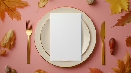 Blank holiday menu lying on plate with golden cutlery, around with autumn leaves and fall decor, top view. Dinner menu card mockup. Halloween, Thanksgiving card template