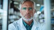 © Larisa AI - A mature man with glasses appears focused while wearing a lab coat, situated in a pharmacy, emphasizing professionalism and dedication to healthcare services.