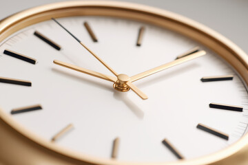 Elegant golden clock with minimalist design, showcasing clean white face and sleek black hour markers. This timepiece symbolizes precision and sophistication