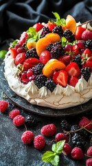 A vibrant pavlova topped with an assortment of fresh fruits and mint, perfect for dessert lovers and special occasions.