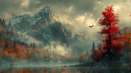 Poster - Majestic Mountain Landscape with Foggy Lake and Red Tree