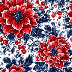 Poster - Watercolor Floral Pattern  Red Flowers  Blue Leaves  White Background