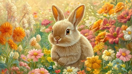 A cute brown bunny rabbit sitting in a field of colorful wildflowers with a soft, sunny glow.