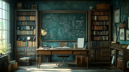 a desk in a room with a chalkboard

