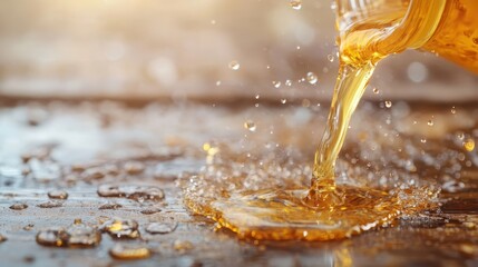 Poster - A mesmerizing image showing a golden-hued liquid elegantly streaming onto a reflective surface, with a sense of fluid motion highlighted by warm light.