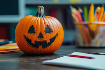Wall Mural - Kids carving pumpkins at a Halloween event generative AI