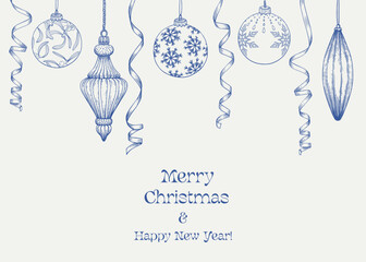 vintage illustration marry christmas and happy new year with balls, toys, ribbons. blue beige. hand 