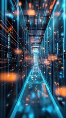 Poster - Abstract representation of a data center with glowing lines and digital particles illustrating technological progress.