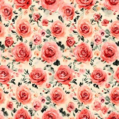 Poster - Watercolor Floral Pattern with Pink Roses and Green Leaves