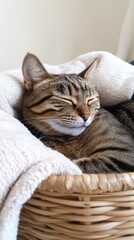 Wall Mural - A sleeping cat nestled in a cozy basket with a soft blanket.