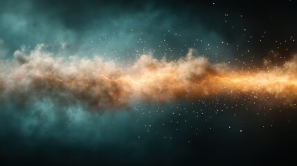 Poster - Golden clouds merge with teal background, scattered with small sparkling particles, conveying a feeling of wonder and ethereal beauty.