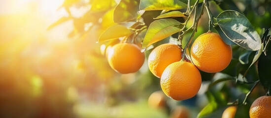 Oranges on a tree at sunset banner