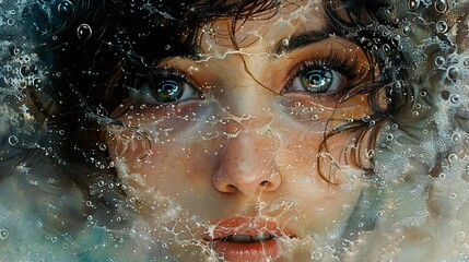 Wall Mural - Woman's Face Emerging from Water: A Dreamy Portrait