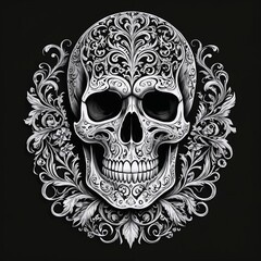 Ornate skull print design for t-shirt, intricate details, black and white color scheme