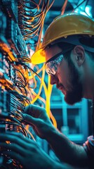 Poster - An engineer examines server connections with precision, wearing safety gear in a dimly lit data center environment.